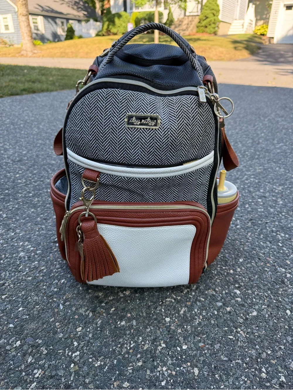 Itzy Ritzy Herringbone Black & White Backpack with Brown Trim